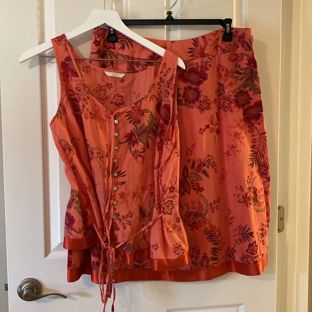 Garden party - Two piece orange floral skirt and top in linen with satin trim.